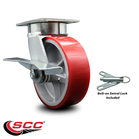 Service Caster 6 Inch Kingpinless Red Poly on Steel Wheel Caster with Brake and Swivel Lock SCC-KP30S620-PUR-RS-SLB-BSL